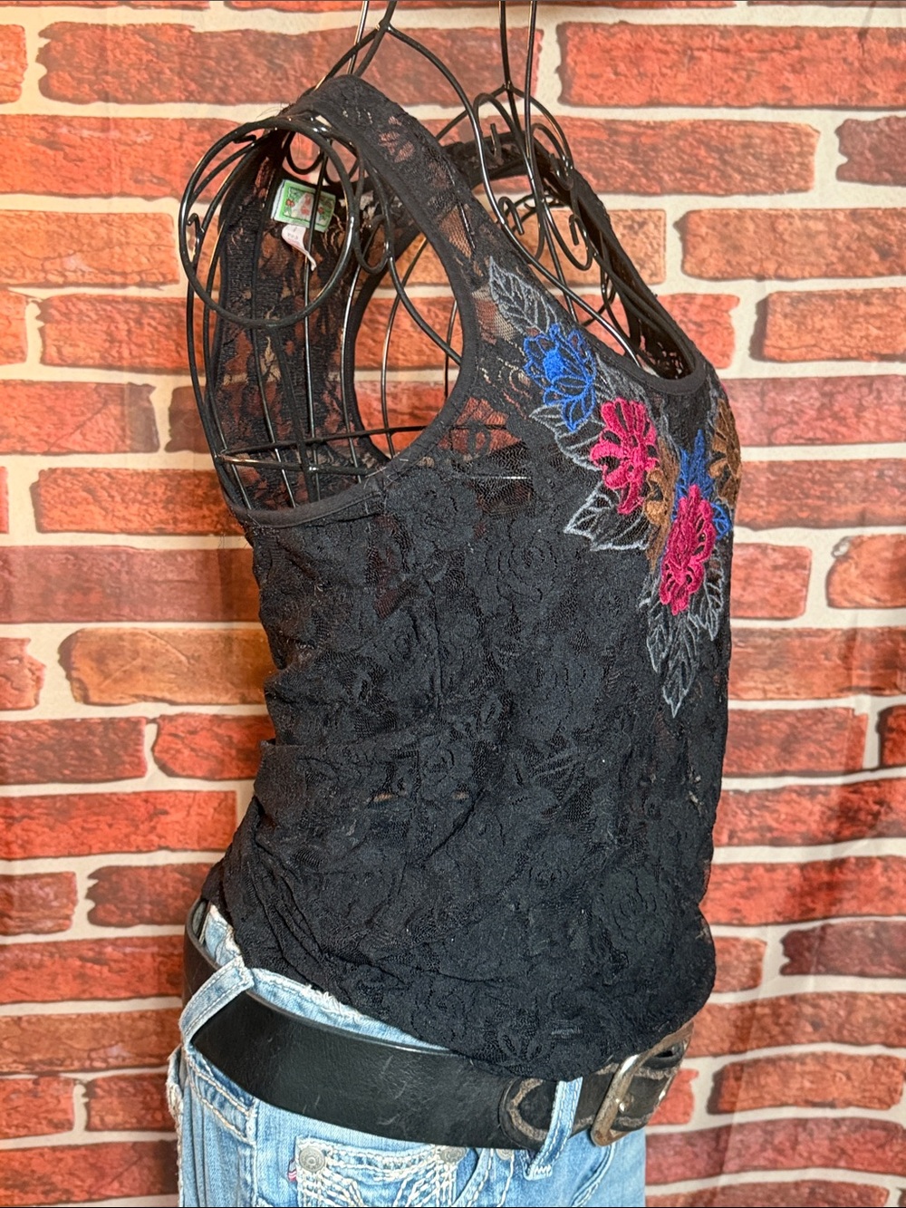 👚 Flying Tomato Lace Tank w/Racer Back Flower Appliqué Y2K — Black — Sz S / N - Picture 5 of 8